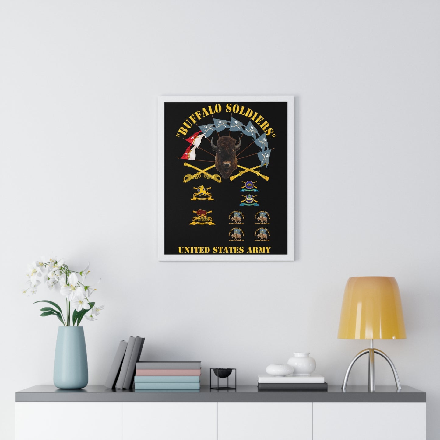 Vertical Framed Poster - Buffalo Soldiers Infantry Cavalry Guidons with Buffalo Head and Unit Crests US Army