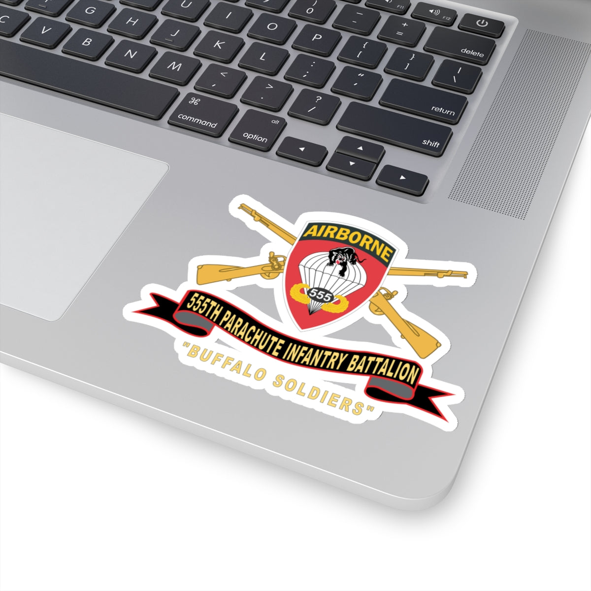 Kiss-Cut Stickers - Army - 555th Parachute Infantry Battalion - SSI - Black - Red Buffalo Soldiers w Br - Ribbon X 300