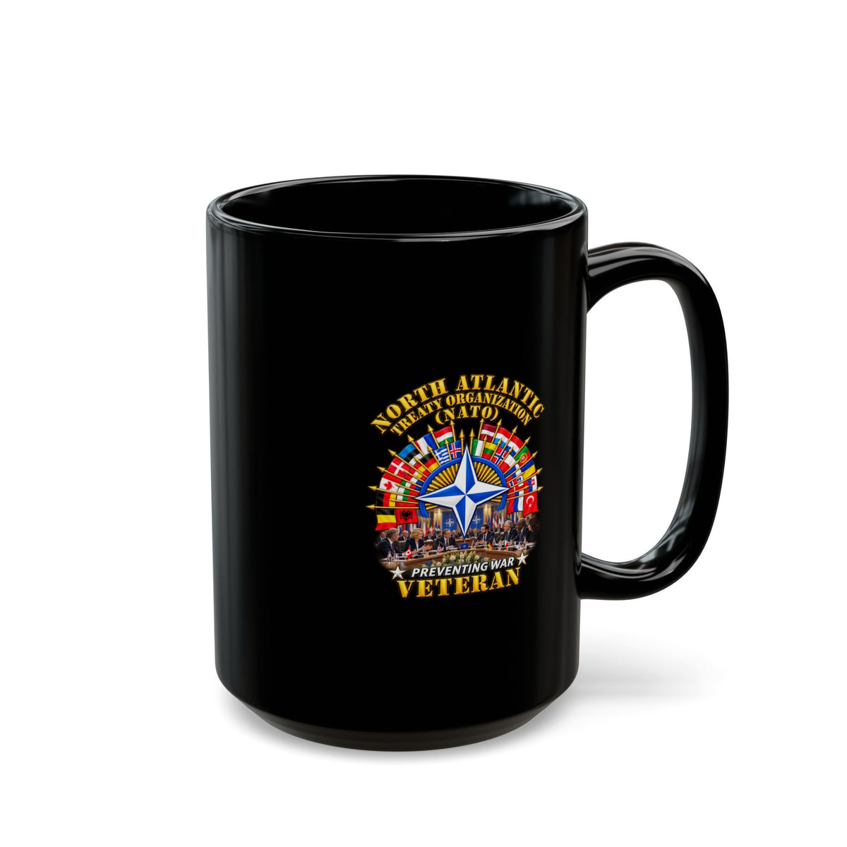 Black Mug (15oz) - NATO - Polished NATO Veteran - with flags - Meeting Scene - 3D - Transparent