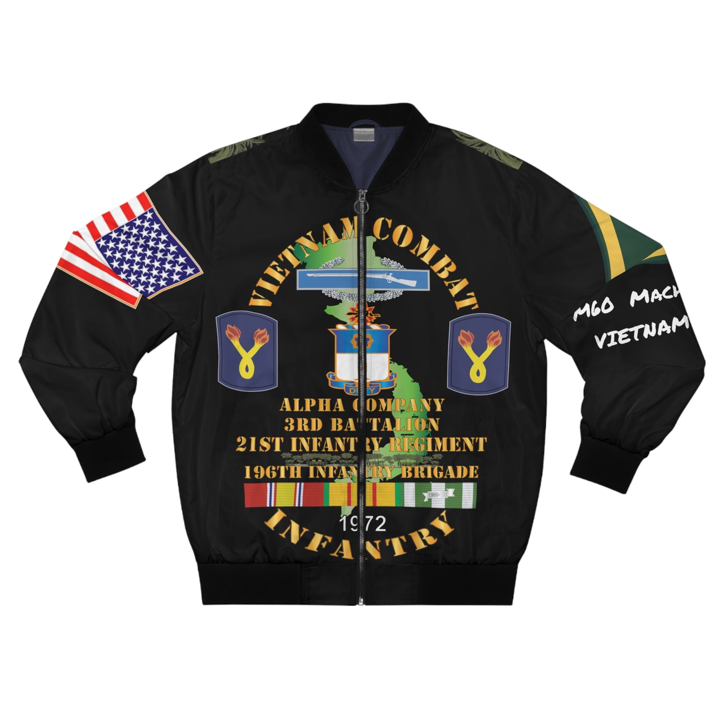 Men's Bomber Jacket - Army - 196th Light Infantry Brigade - Vietnam War Vet- PFC - M60 Machine Gunner, CIB, Vietnam Service Ribbons