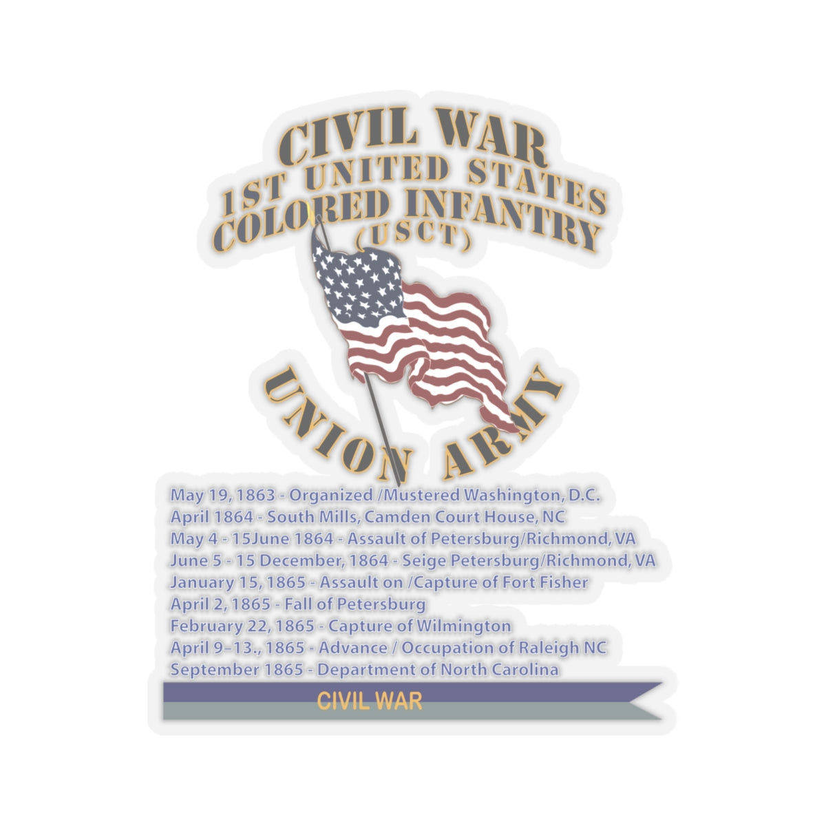 Kiss-Cut Stickers - Civil War - 1st United States Colored Infantry (USCT) - USA w Streamer Civil War X 300