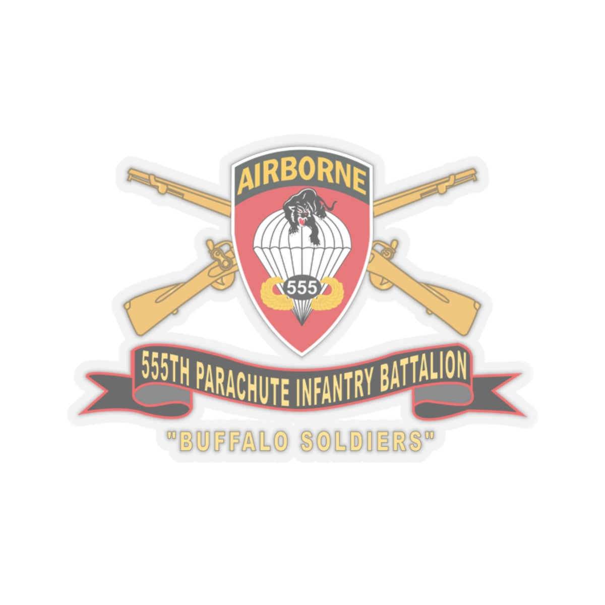 Kiss-Cut Stickers - Army - 555th Parachute Infantry Battalion - SSI - Black - Red Buffalo Soldiers w Br - Ribbon X 300