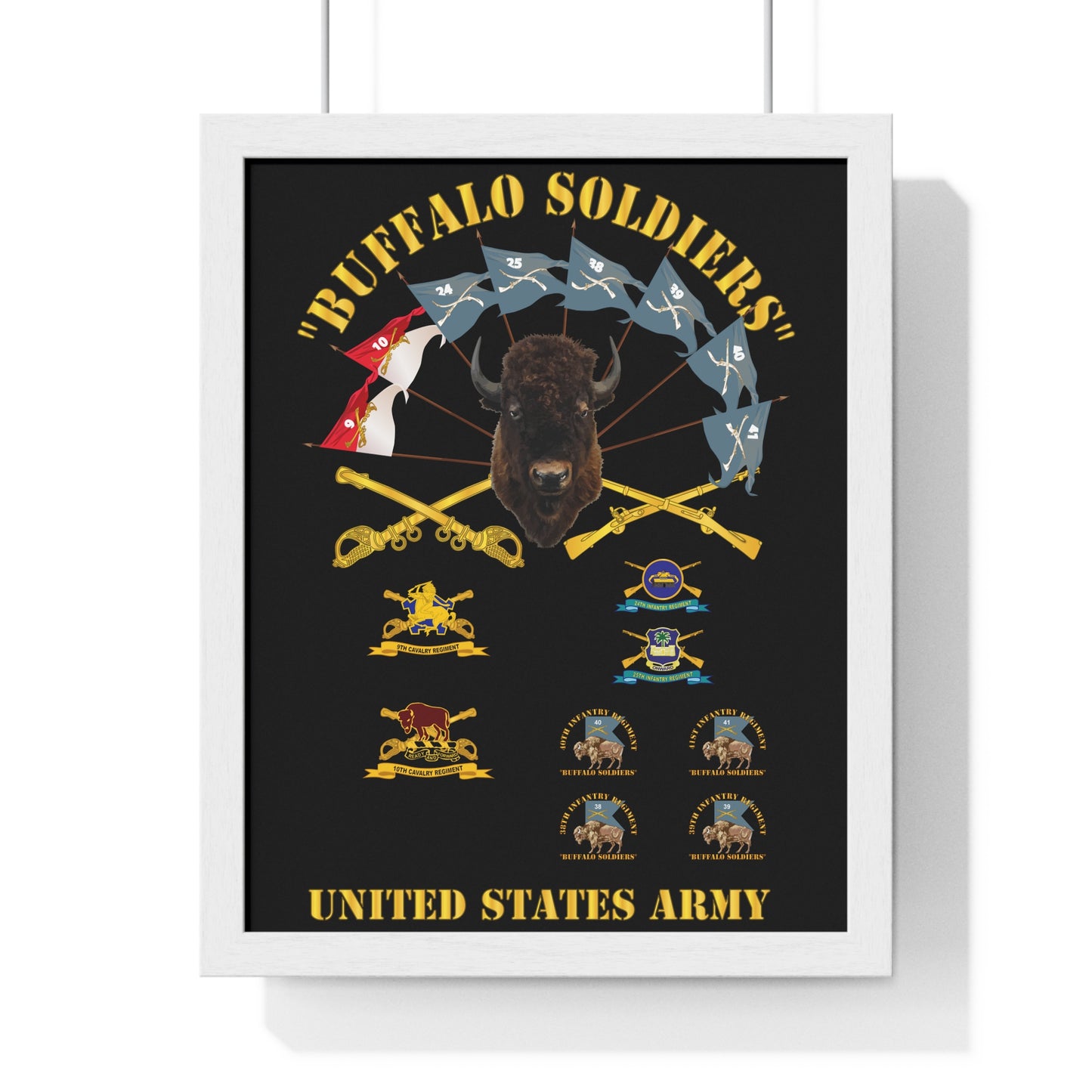 Vertical Framed Poster - Buffalo Soldiers Infantry Cavalry Guidons with Buffalo Head and Unit Crests US Army