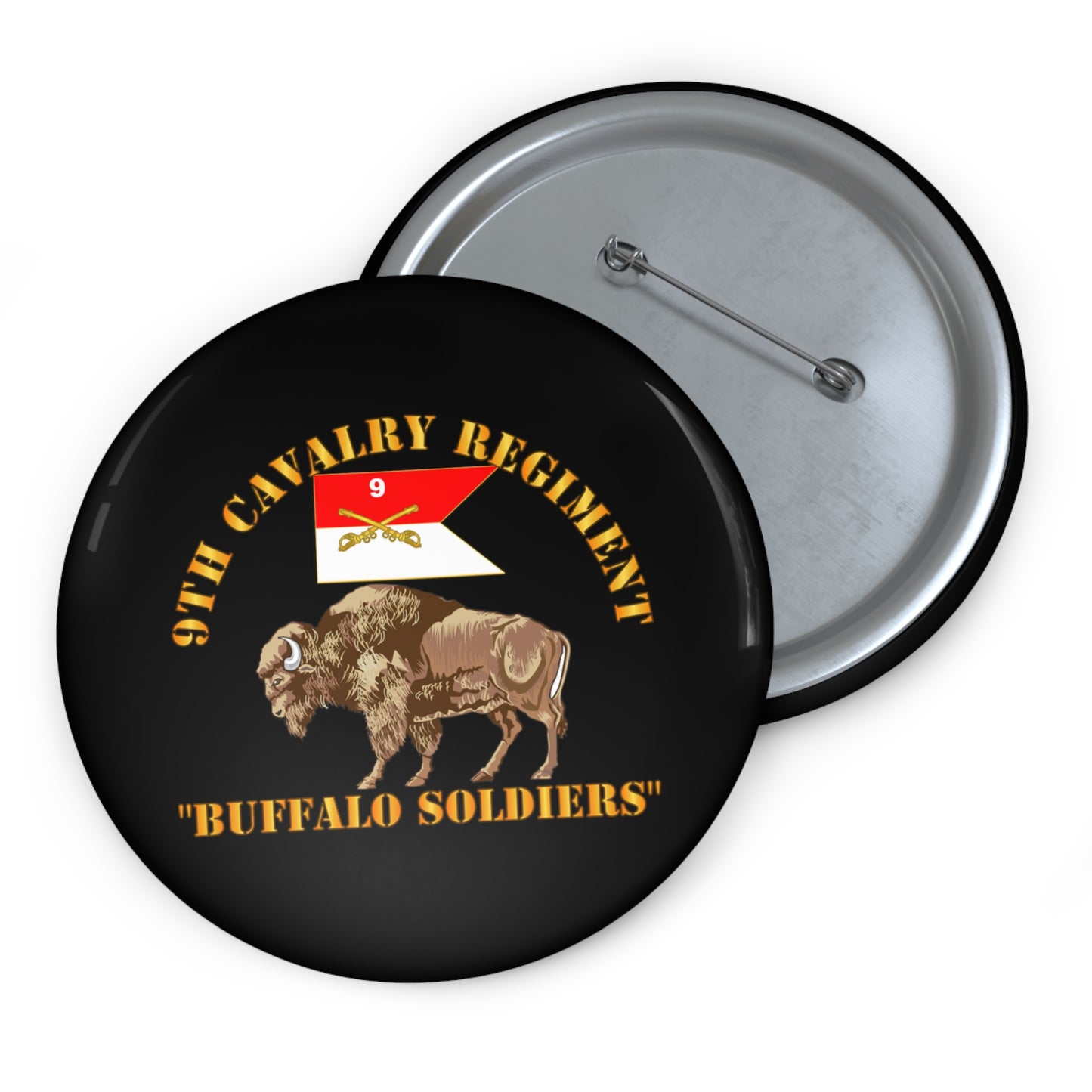 Custom Pin Buttons - Army - 9th Cavalry Regiment - Buffalo Soldiers w 9th Cav Guidon