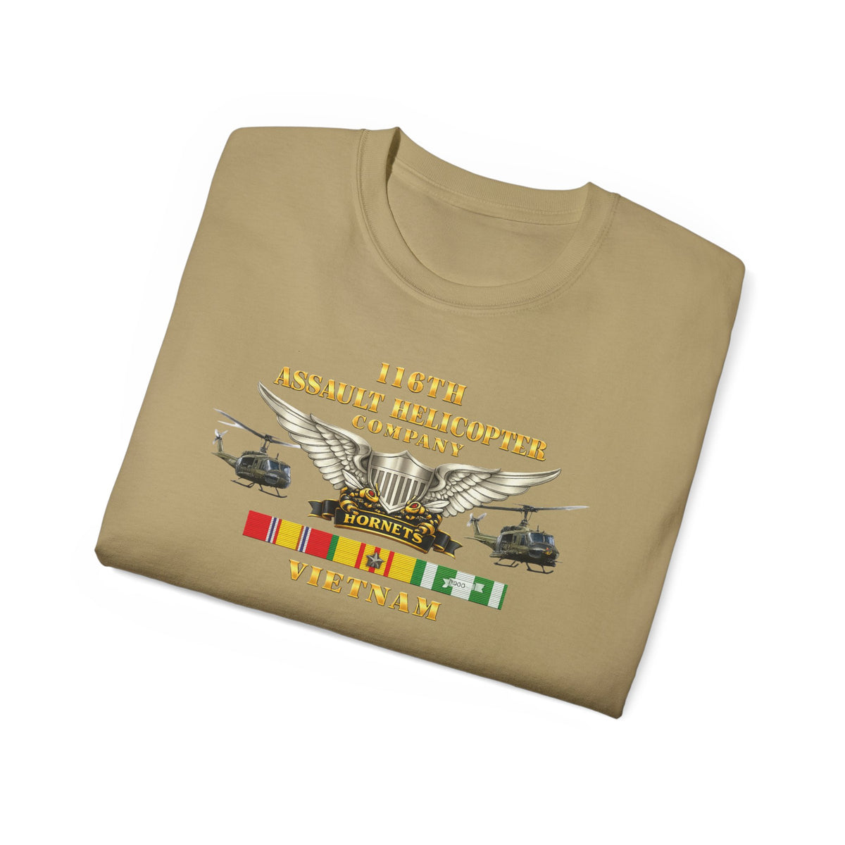 Unisex Ultra Cotton Tee - Army - 116th Assault Helicopter Co w Aviator Badge w VN SVC - HORNETS - Side X Side - 3D - Enhanced