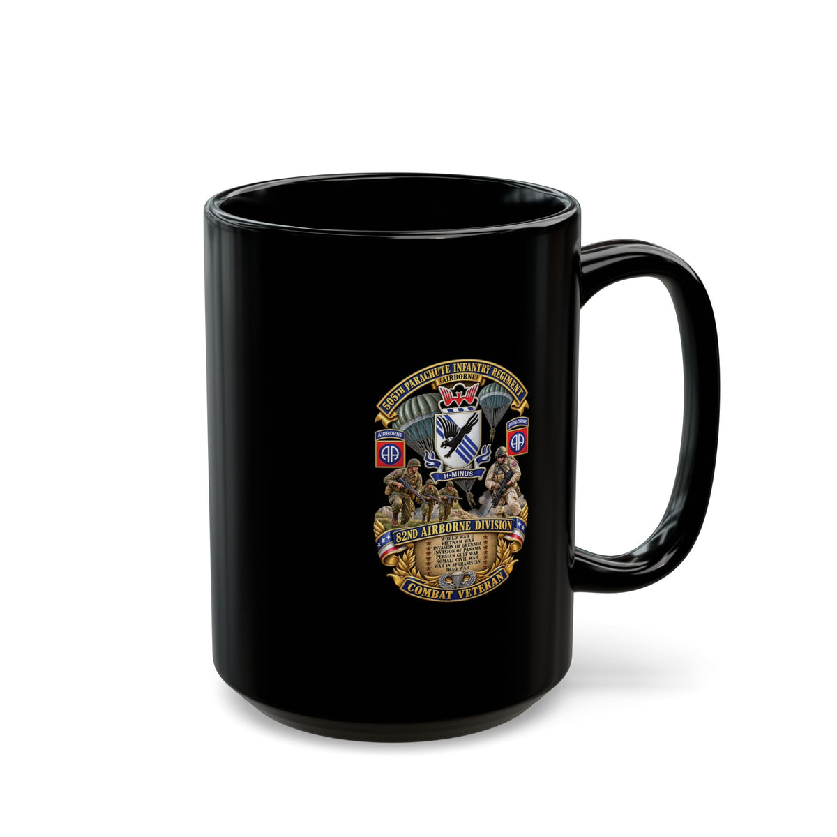 Black Mug (15oz) - Army - Combat Vet w 505th PIR - 82nd Airborne w Campaigns - Soldiers - SSI - 3D - Enhanced