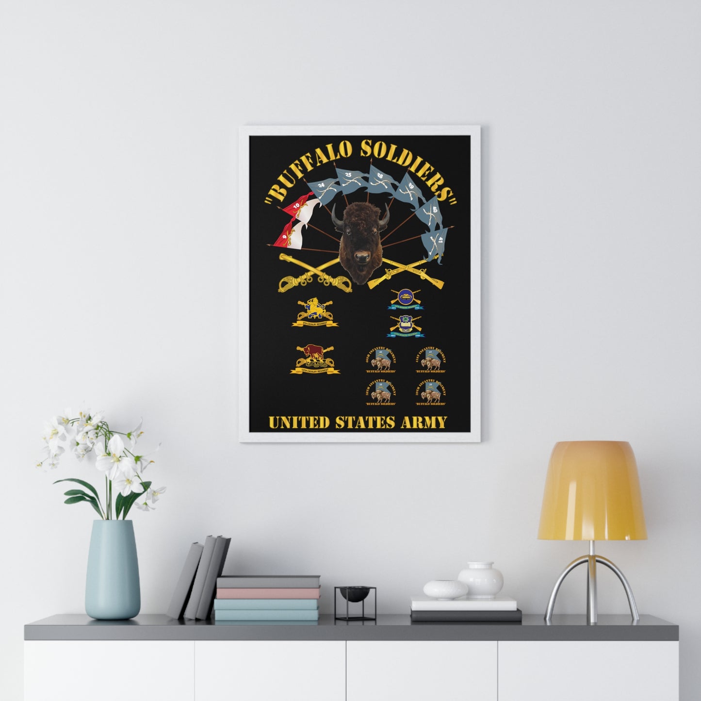 Premium Framed Vertical Poster - Buffalo Soldiers - Infantry - Cavalry Guidons with Buffalo Head  and Unit Crests - US Army