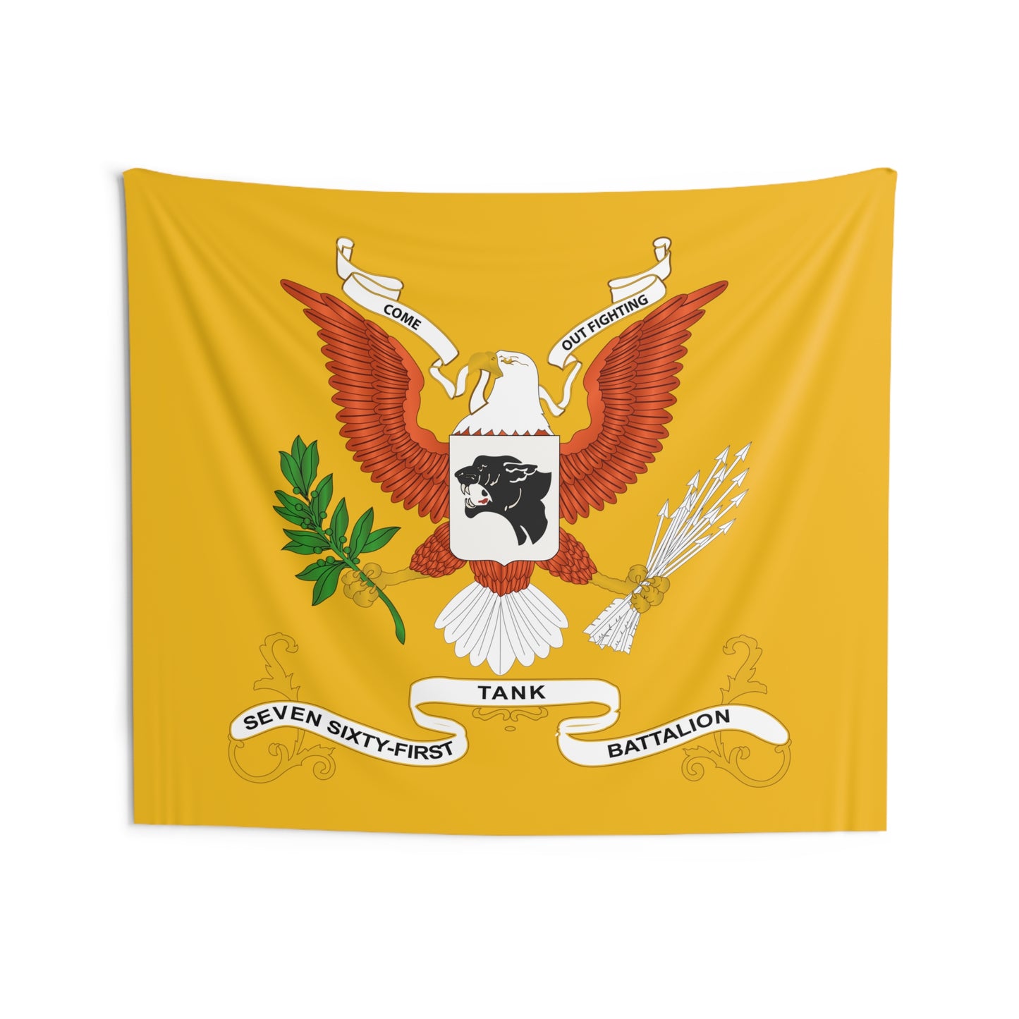 Indoor Wall Tapestries - 761st Tank Battalion - Battalion Colors Tapestry with Armor Branch Background - "Come Out Fighting"