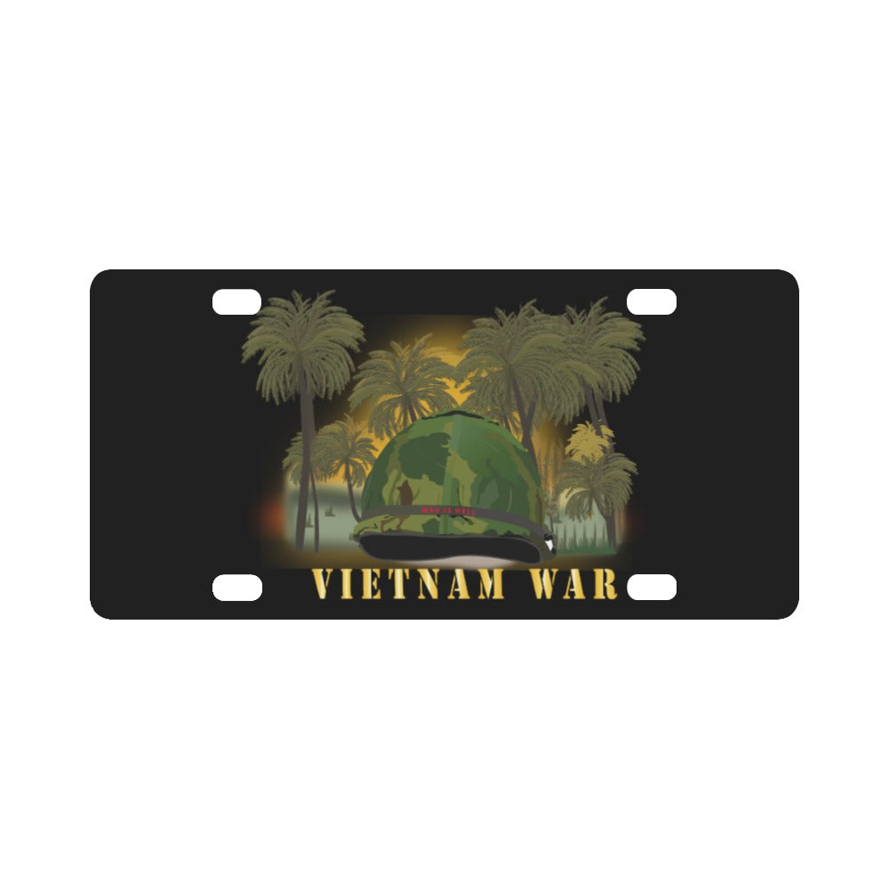 Vietnam Era Helmet Cover - Band - Front - War is Hell w Jungle - Fire w Txt X 300 Classic License Plate