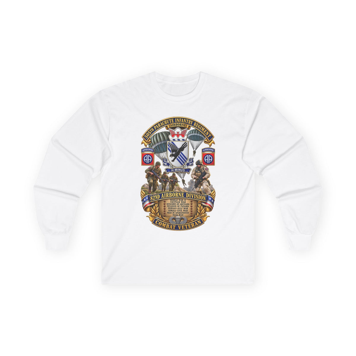 Unisex Ultra Cotton Long Sleeve Tee - Army - Combat Vet w 505th PIR - 82nd Airborne  w Campaigns - Soldiers - SSI - 3D - Enhanced