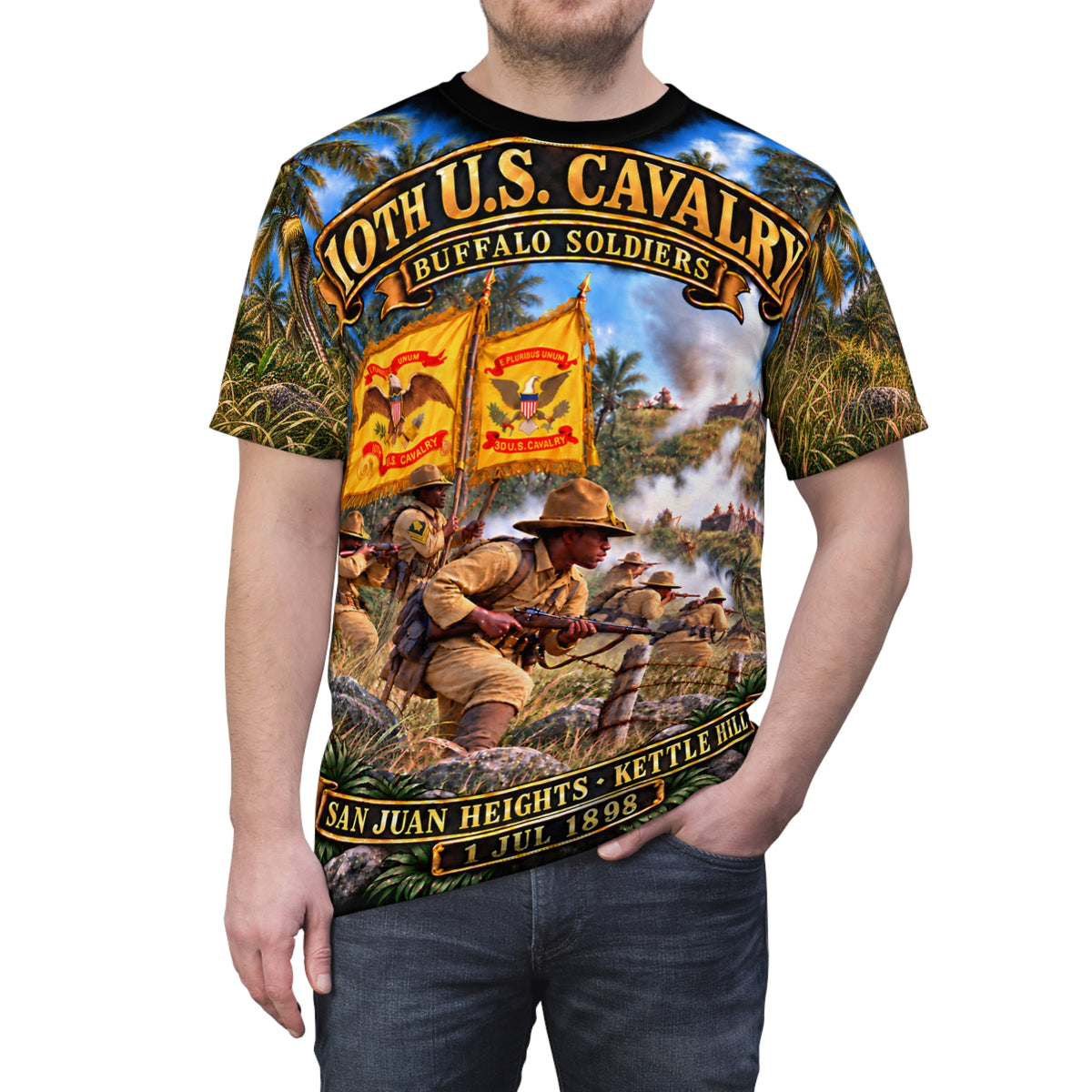 10th Cavalry Regiment  (Buffalo Soldiers) - Battle for San Juan Heights - Kettle Hill  - July 1 , 1898 - Tribute Tee - “Courage Under Fire · Cuba, 1898”