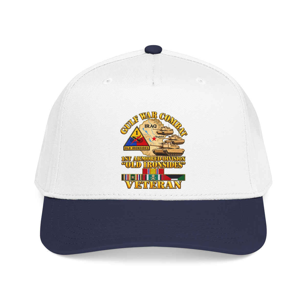 Mid Profile Baseball Cap - Army - Gulf War Combat - 1st Armored Divi - Old Ironsides - Veteran - Map w GULF SVC - 3D - Enhanced