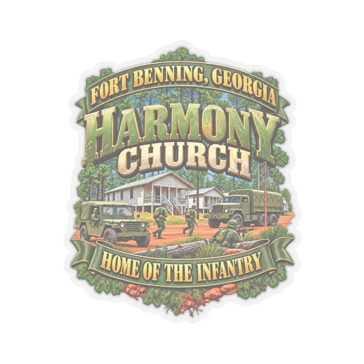 Kiss-Cut Stickers - Fort Benning, Georgia, Harmony Church - Home of the Infantry - 3D - Enhanced