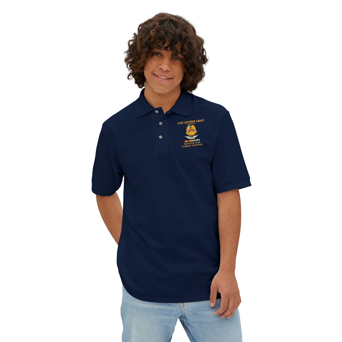 Men's Casual Piqué Polo - Army - 12th  AVN Group, Combat -  DUI - Aircrew, Vietnam War - Veteran VN SVC X 300