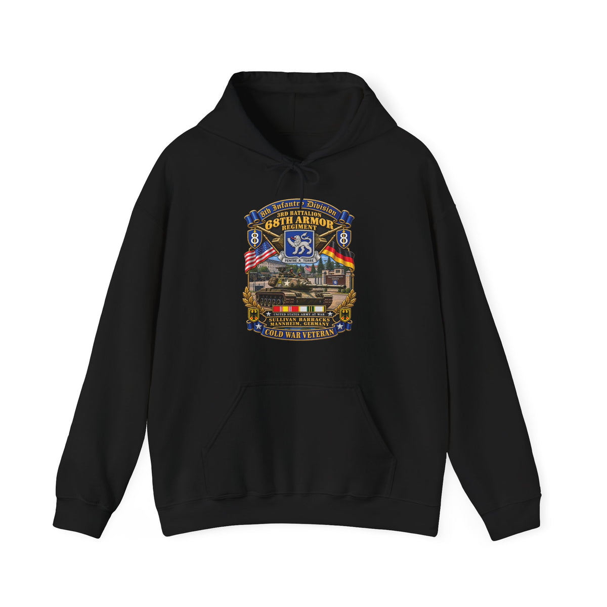 Hoodie — 8th Infantry Division Scroll - 3rd Bn 68th Armor Regiment - Sullivan Barracks, Mannheim, Germany - Cold War Vet w COLD SVC - 3D - Enhanced