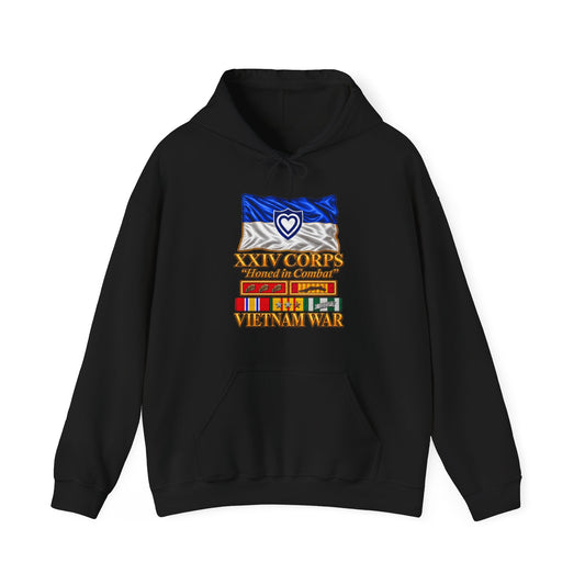 Hoodie — Army - XXIV Corps Flag - Waving - Ribbons - Meritorious Awards - Vietnam War - 3D - Transparent