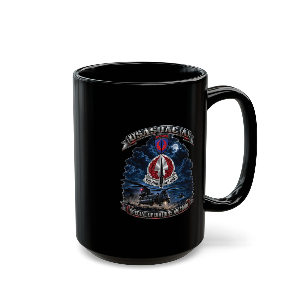 Black Mug  (15oz) - USA Special Operations Aviation Command (Airborne) - SSI, DUI with Scene - 3D - Enhanced