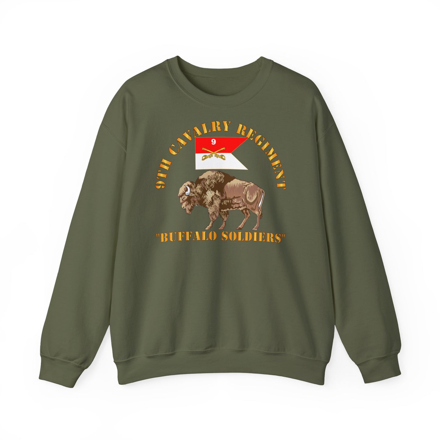 Crewneck Sweatshirt - Army - 9th Cavalry Regiment - Buffalo Soldiers w 9th Cav Guidon