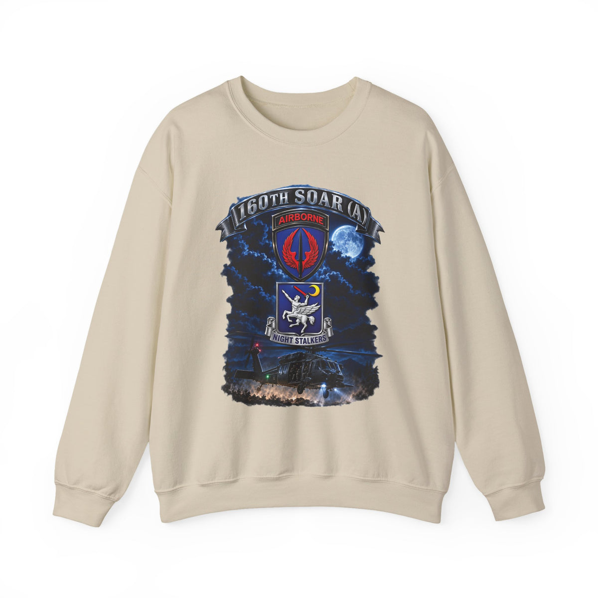 Crewneck Sweatshirt - USASOAC - SSI, 160th Special Operations Regiment Airborne  DUI with Scene Blackhawk - 3D - Enhanced