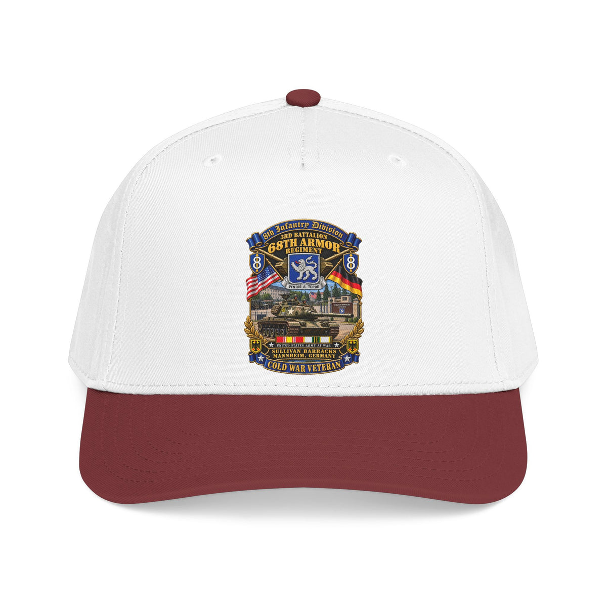 Mid Profile Baseball Cap - 8th Infantry Division Scroll - 3rd Bn 68th Armor Regiment - Sullivan Barracks, Mannheim, Germany - Cold War Vet w COLD SVC - 3D - Enhanced