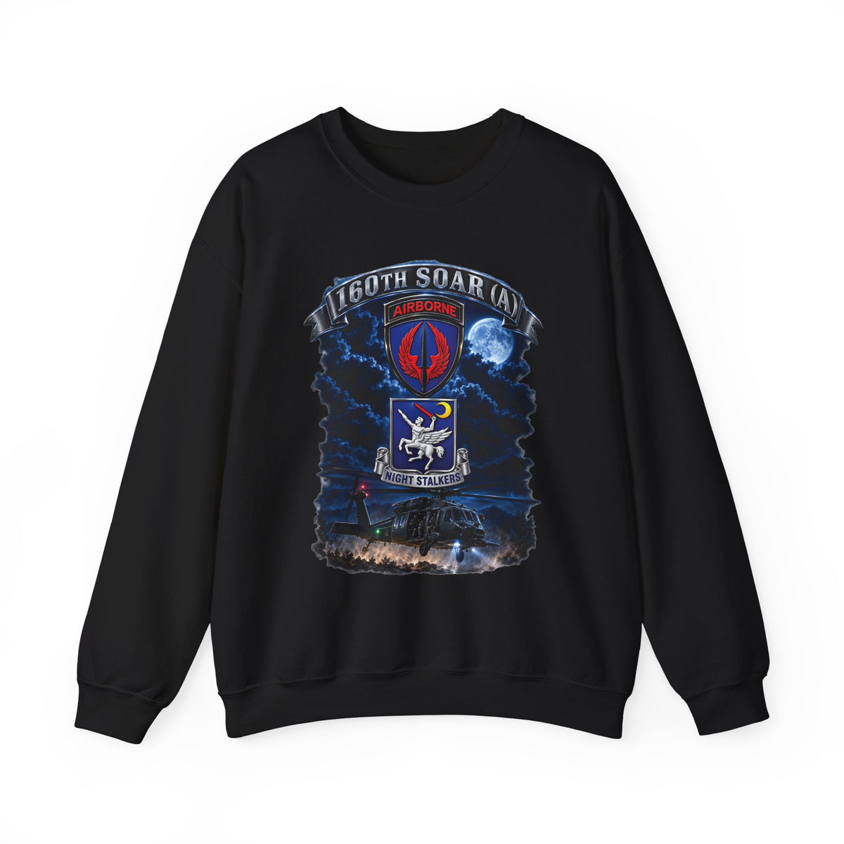 Crewneck Sweatshirt - USASOAC - SSI, 160th Special Operations Regiment Airborne  DUI with Scene Blackhawk - 3D - Enhanced