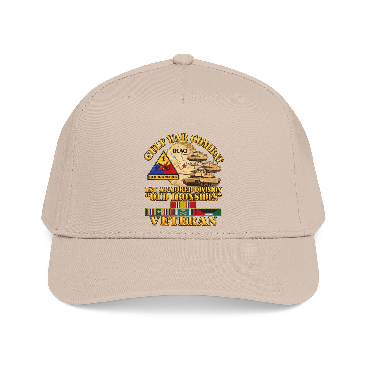 Mid Profile Baseball Cap - Army - Gulf War Combat - 1st Armored Divi - Old Ironsides - Veteran - Map w GULF SVC - 3D - Enhanced