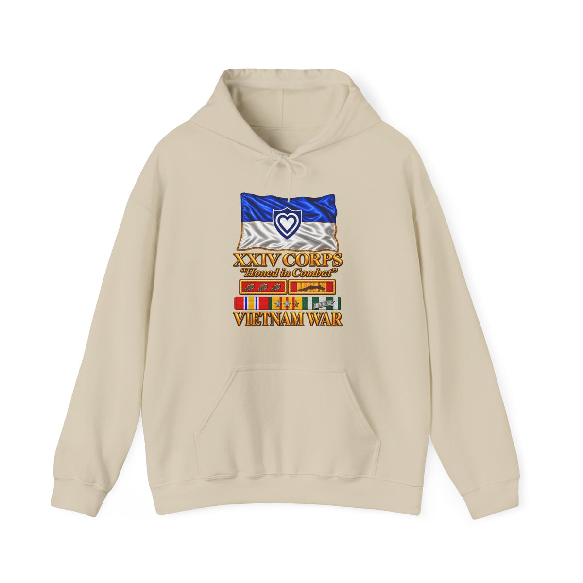 Hoodie — Army - XXIV Corps Flag - Waving - Ribbons - Meritorious Awards - Vietnam War - 3D - Transparent