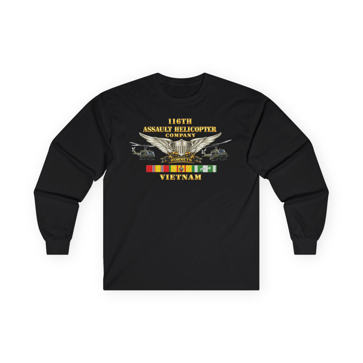 Unisex Ultra Cotton Long Sleeve Tee - Army - 116th Assault Helicopter Co w  Aviator Badge w VN SVC - HORNETS - Side X Side - 3D - Enhanced