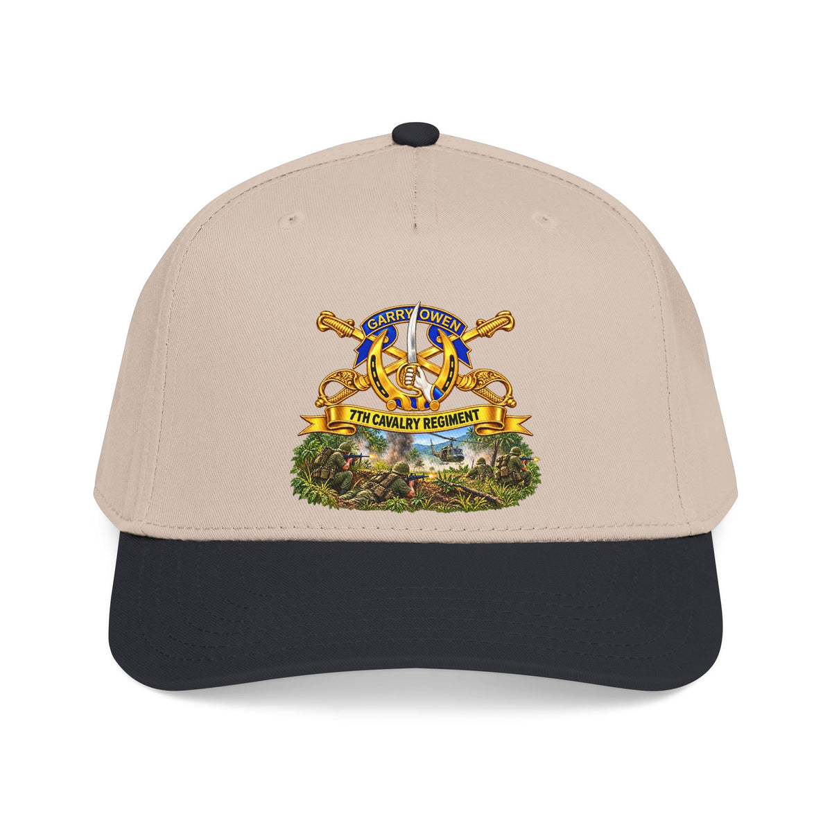 Mid Profile Baseball Cap — 7th Cavalry Regiment - DUI, Br, Ribbon w  Battle of Ia drang Valley Scene - Vietnam - 3D - Transparent