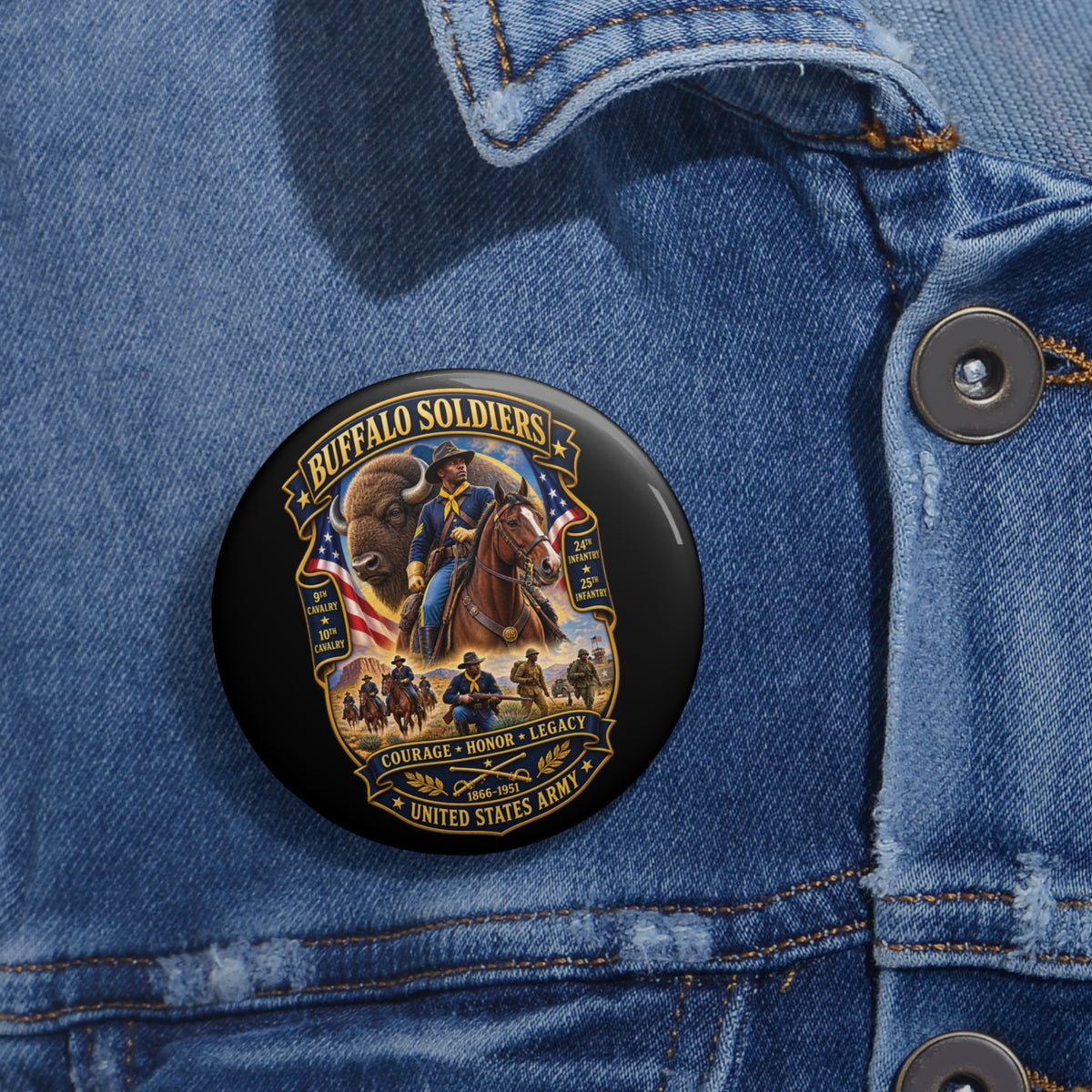 Custom Pin Buttons - Overall Buffalo Soldiers Tribute - 3D - Enhanced