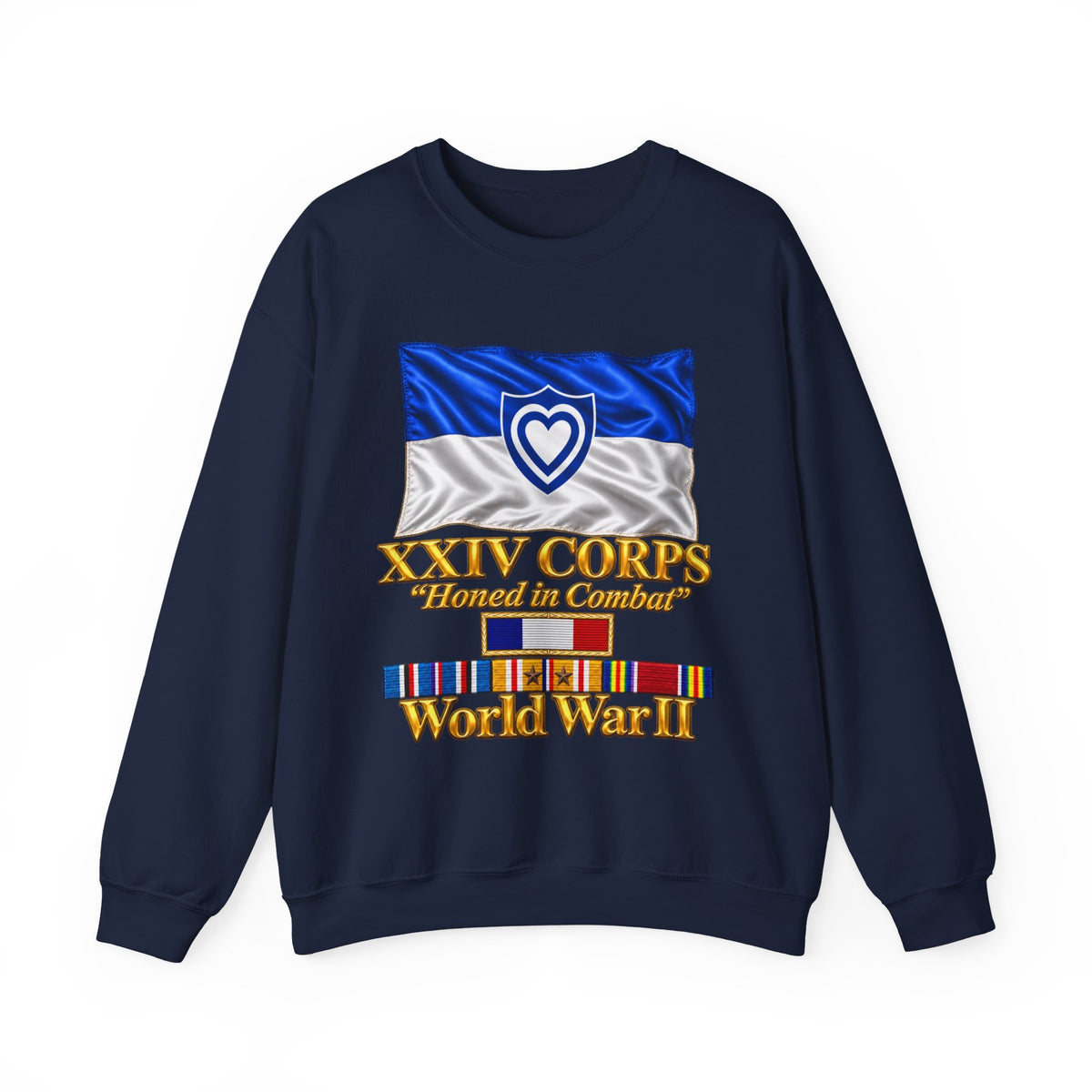 Crewneck Sweatshirt - Army - XXIV Corps Flag - Waving - Ribbons - World War II - 3D - Transparent