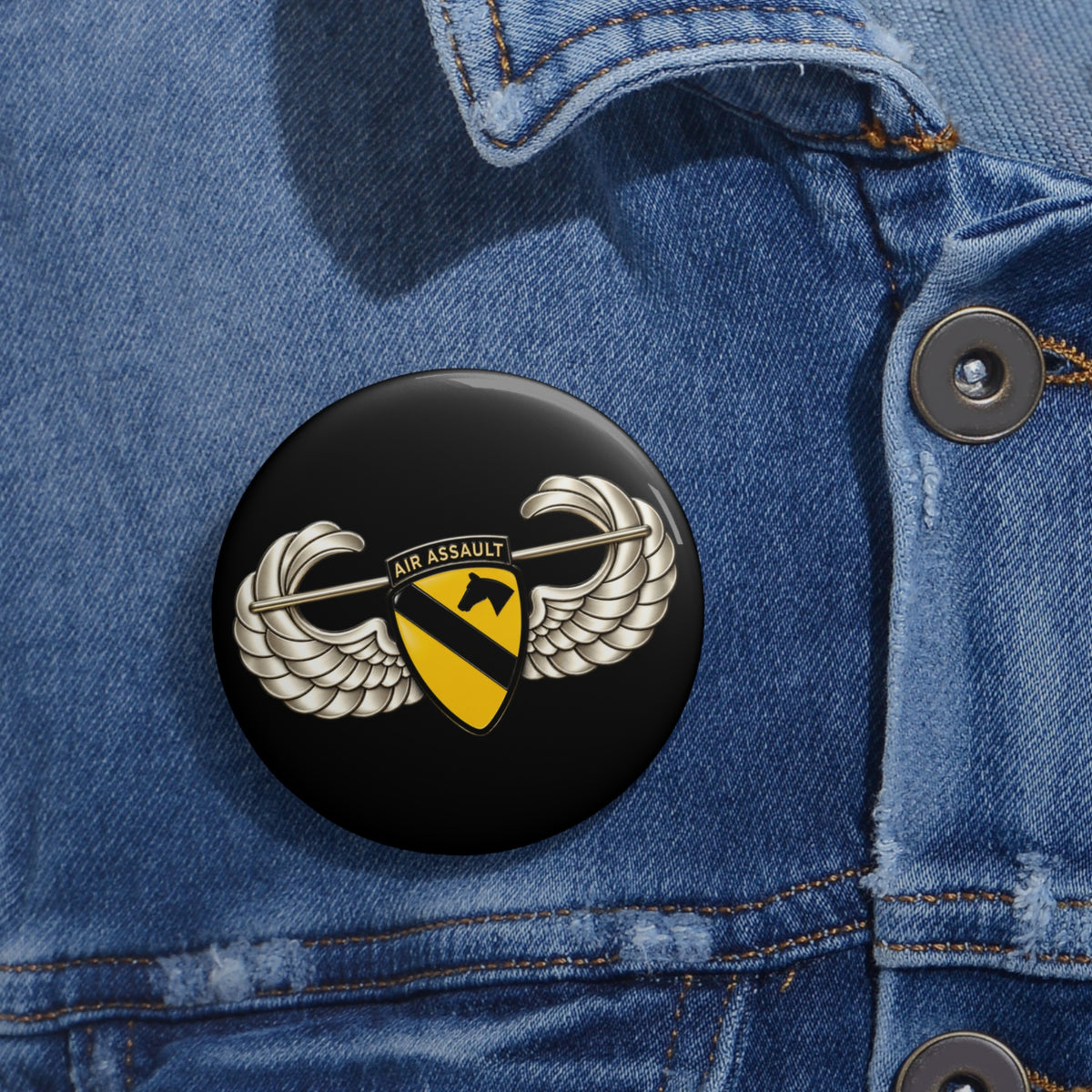 Custom Pin Buttons - 1st Cavalry Division w Air Assault Tab on Airborne Badge wo Txt - 3D - Transparent
