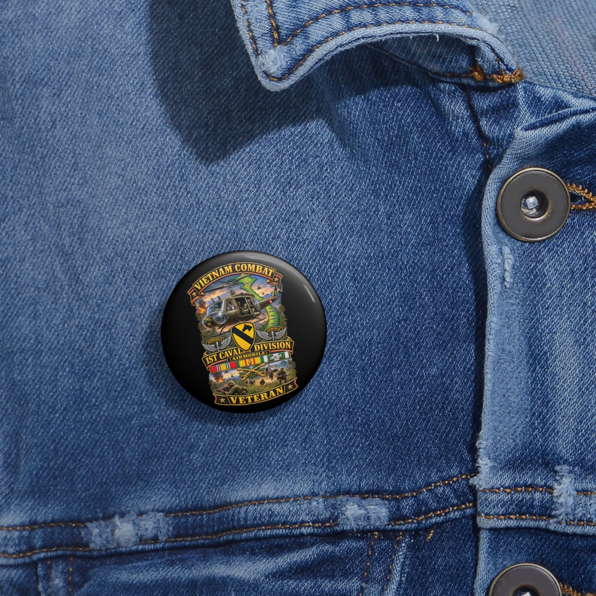Custom Pin Buttons - Army - Vietnam Combat Cavalry Veteran w 1st Cav Div SSI  Big Helo - 3D - Enhanced