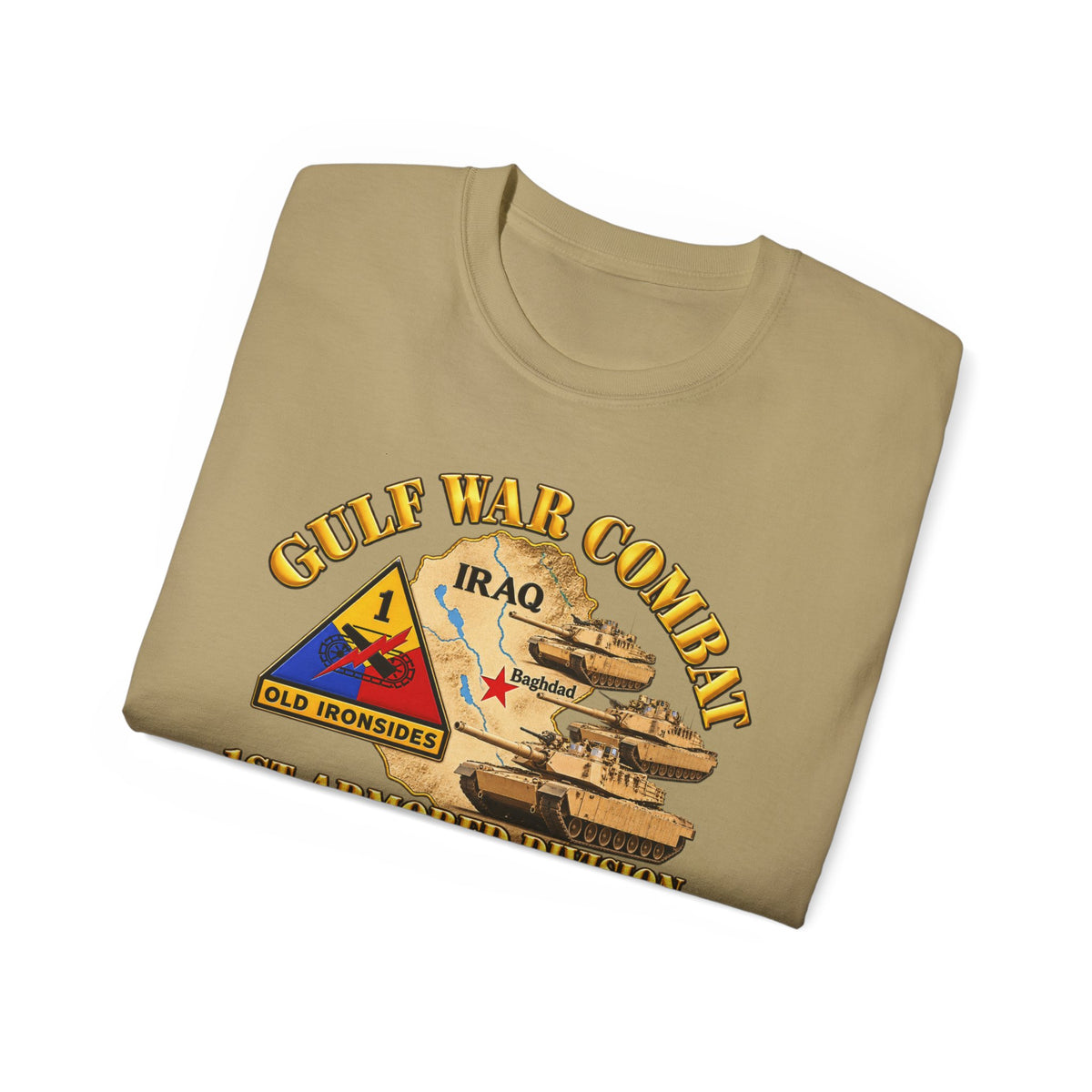 Unisex Ultra Cotton Tee - Army - Gulf War Combat - 1st Armored Divi - Old Ironsides - Veteran - Map w GULF SVC - 3D - Enhanced