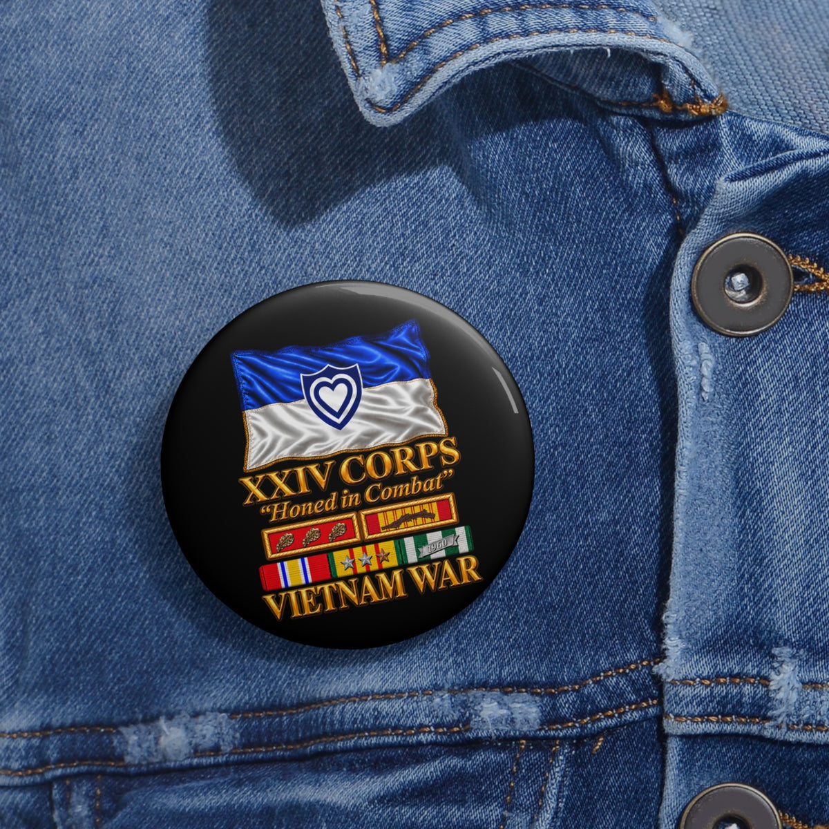 Custom Pin Buttons - Army - XXIV Corps Flag - Waving - Ribbons - Meritorious Awards - Vietnam War - 3D - Transparent