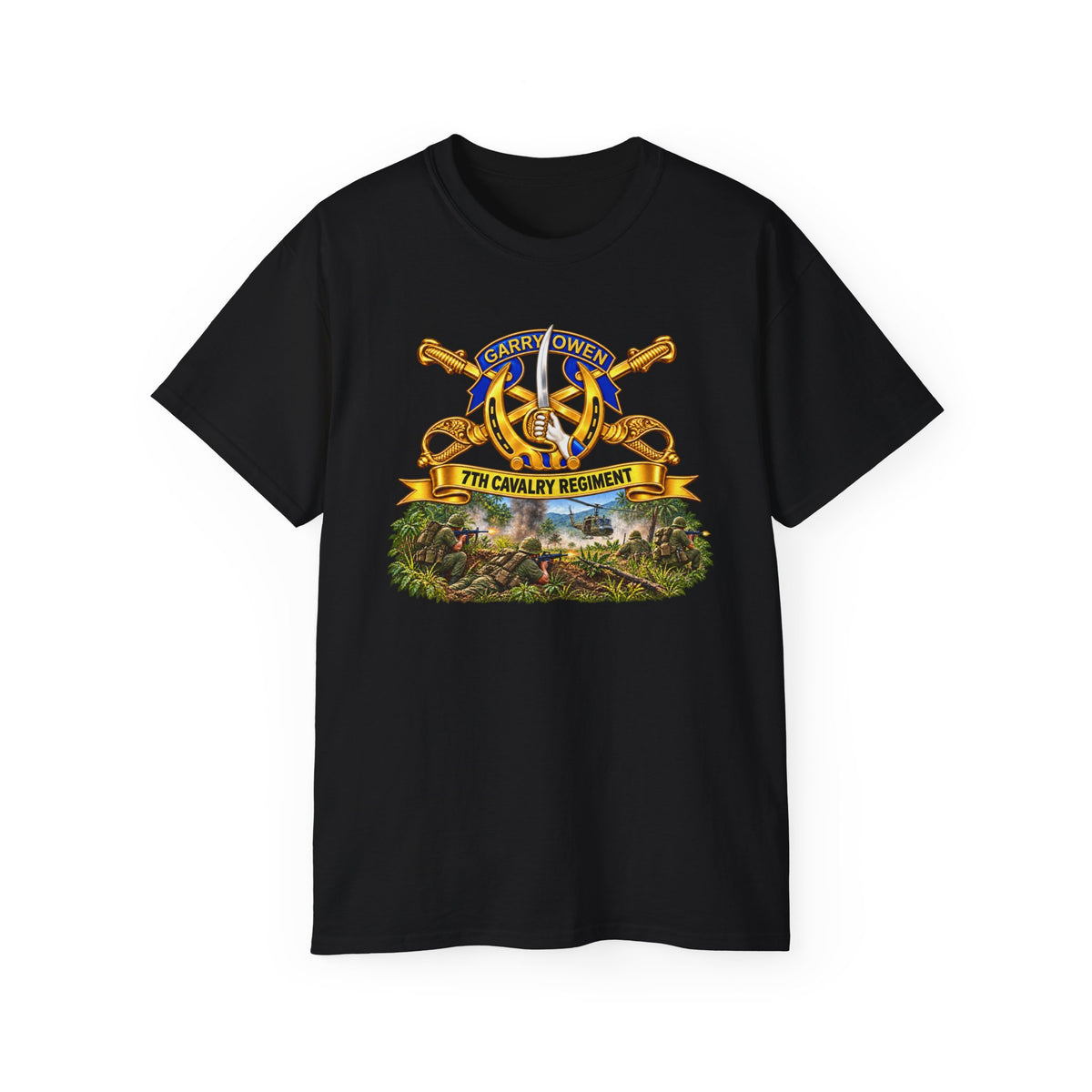 Unisex Ultra Cotton Tee - 7th Cavalry Regiment - DUI, Br, Ribbon w  Battle of Ia drang Valley Scene - Vietnam - 3D - Transparent