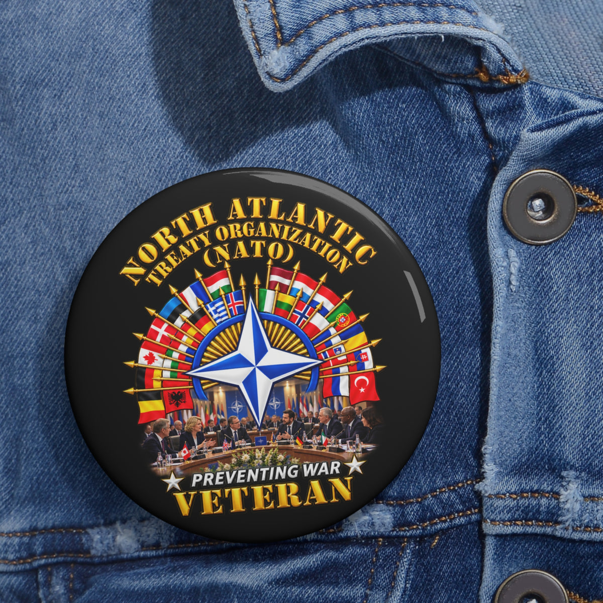 Custom Pin Buttons - NATO - Polished NATO Veteran - with flags - Meeting Scene - 3D - Transparent