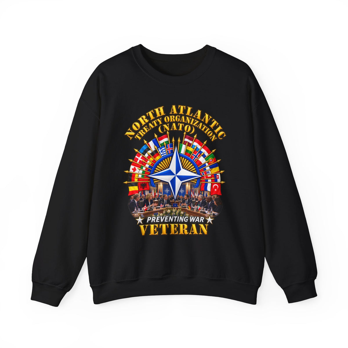Crewneck Sweatshirt - NATO - Polished NATO Veteran - with flags - Meeting Scene - 3D - Transparent