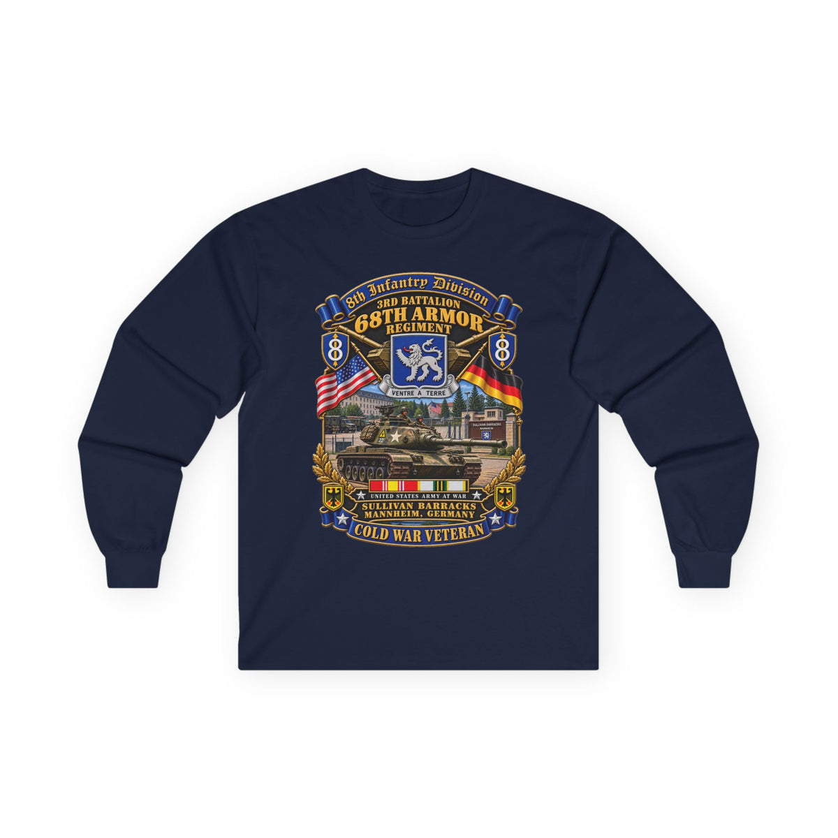 Unisex Ultra Cotton Long Sleeve Tee - 8th Infantry Division Scroll - 3rd Bn 68th Armor Regiment - Sullivan Barracks, Mannheim, Germany - Cold War Vet w COLD SVC - 3D - Enhanced