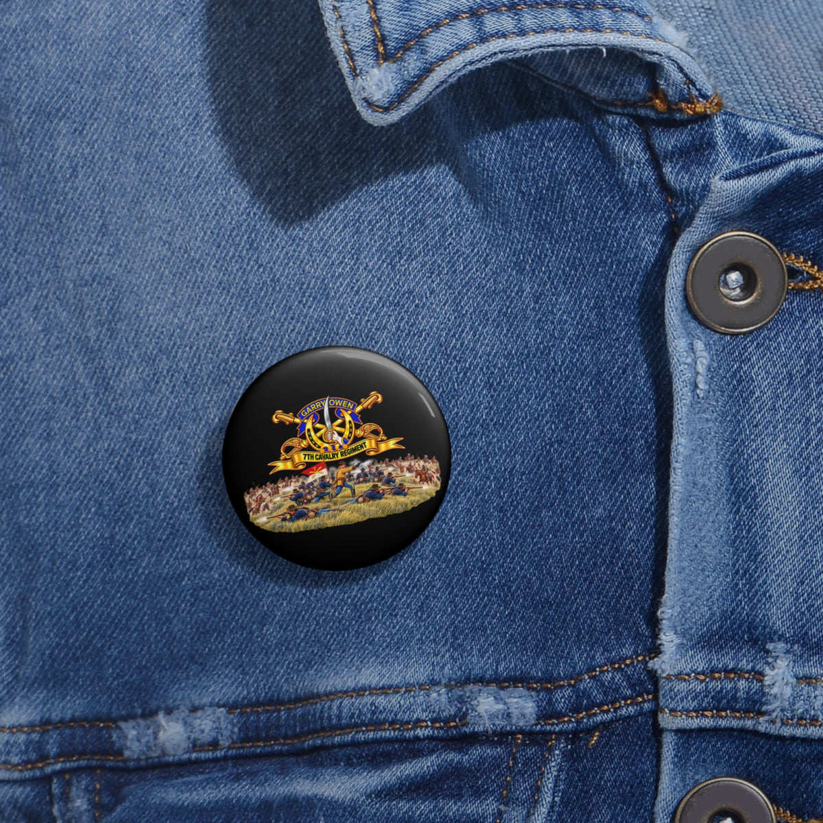 Custom Pin Buttons - 7th Cavalry Regiment - DUI, Br, Ribbon w  Battle of Little Big Horn Scene - 3D - Transparent