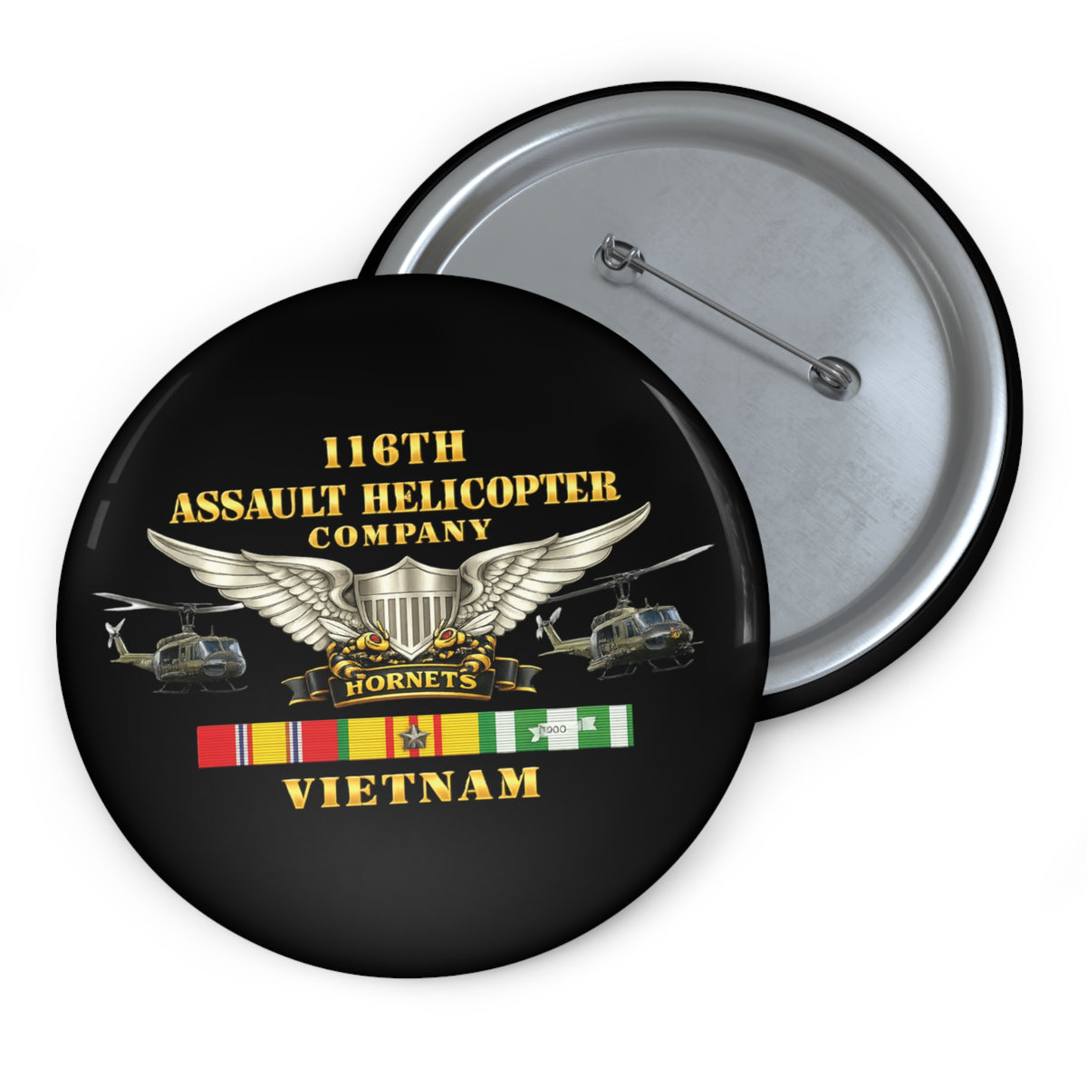 Custom Pin Buttons - Army - 116th Assault Helicopter Co w  Aviator Badge w VN SVC - HORNETS - Side X Side - 3D - Enhanced