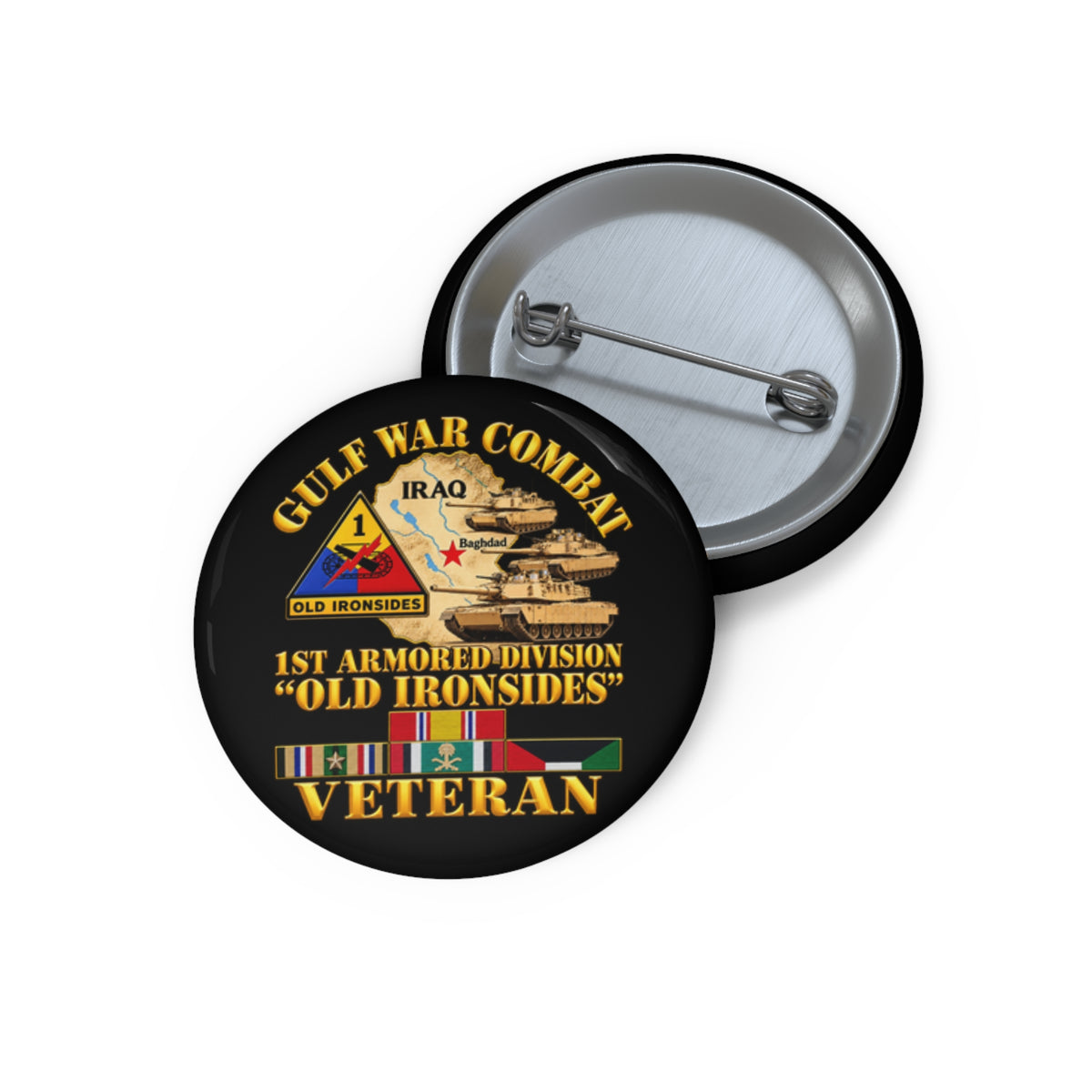 Custom Pin Buttons - Army - Gulf War Combat - 1st Armored Divi - Old Ironsides - Veteran - Map w GULF SVC - 3D - Enhanced