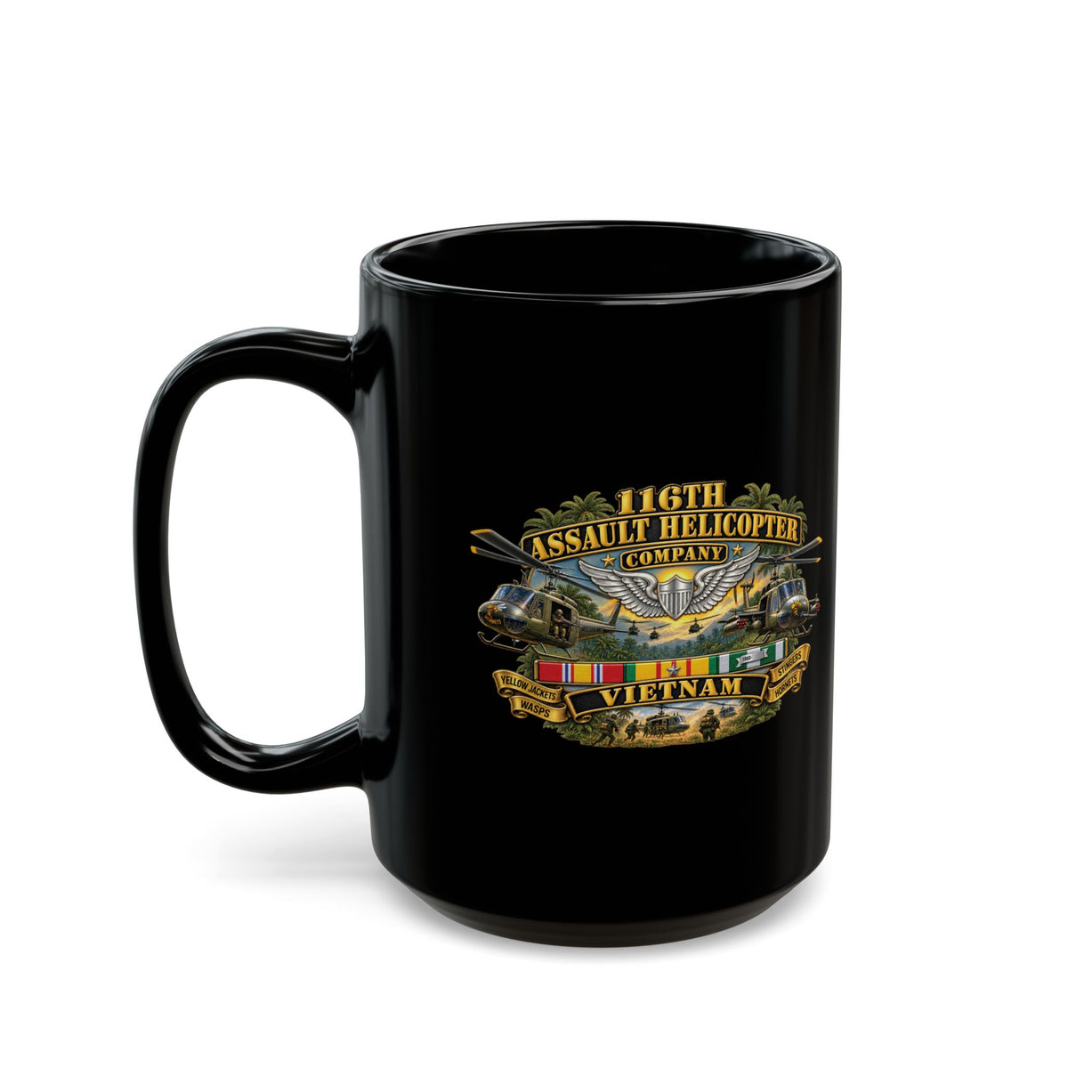 Black Mug  (15oz) - Army - 116th Assault Helicopter Co w  Aviator Badge w VN SVC - HORNETS - 3D - Enhanced