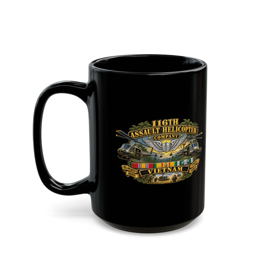 Black Mug  (15oz) - Army - 116th Assault Helicopter Co w  Aviator Badge w VN SVC - HORNETS - 3D - Enhanced