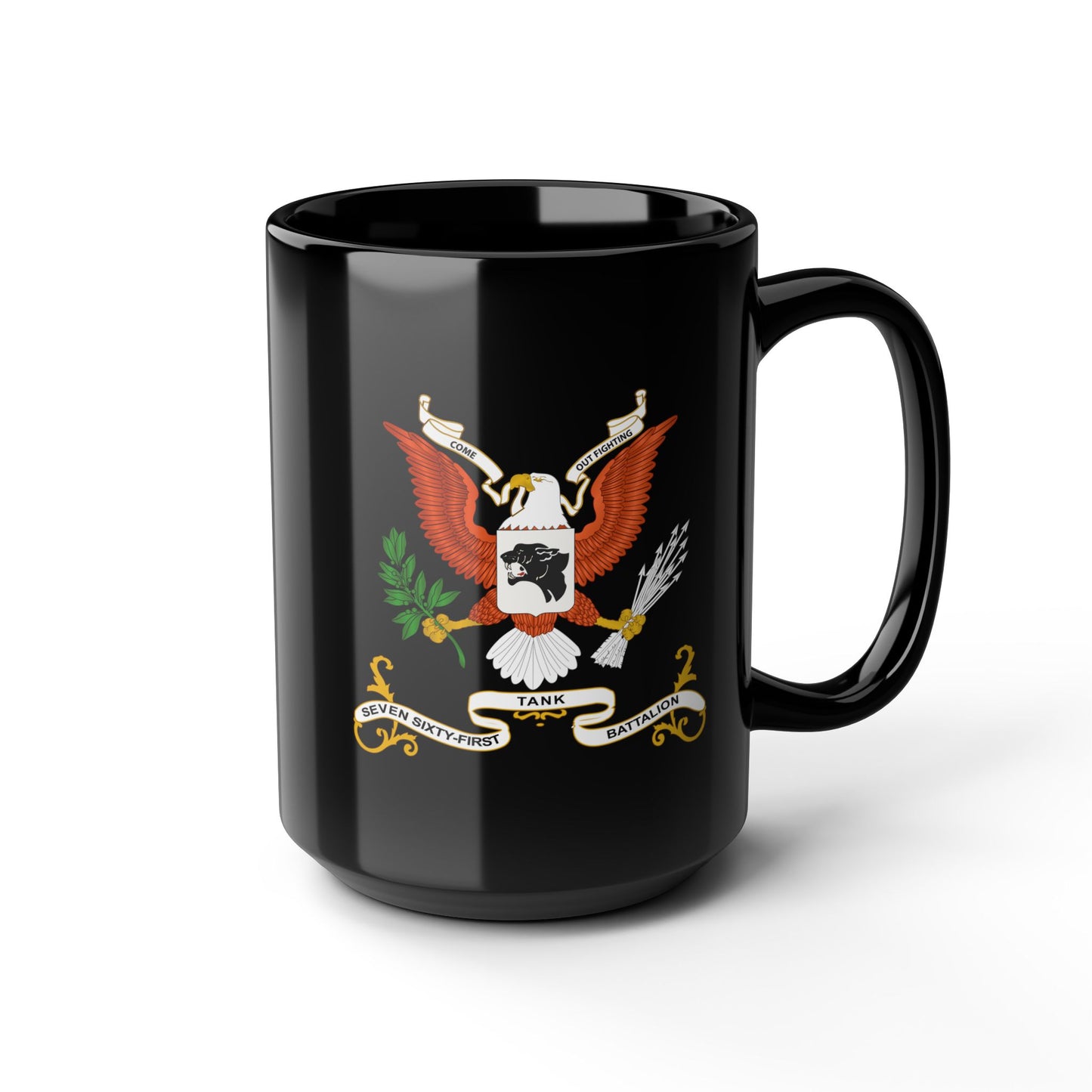 Black Mug 15oz - Army - Regimental Colors - 761st Tank Battalion - Come Out Fighting