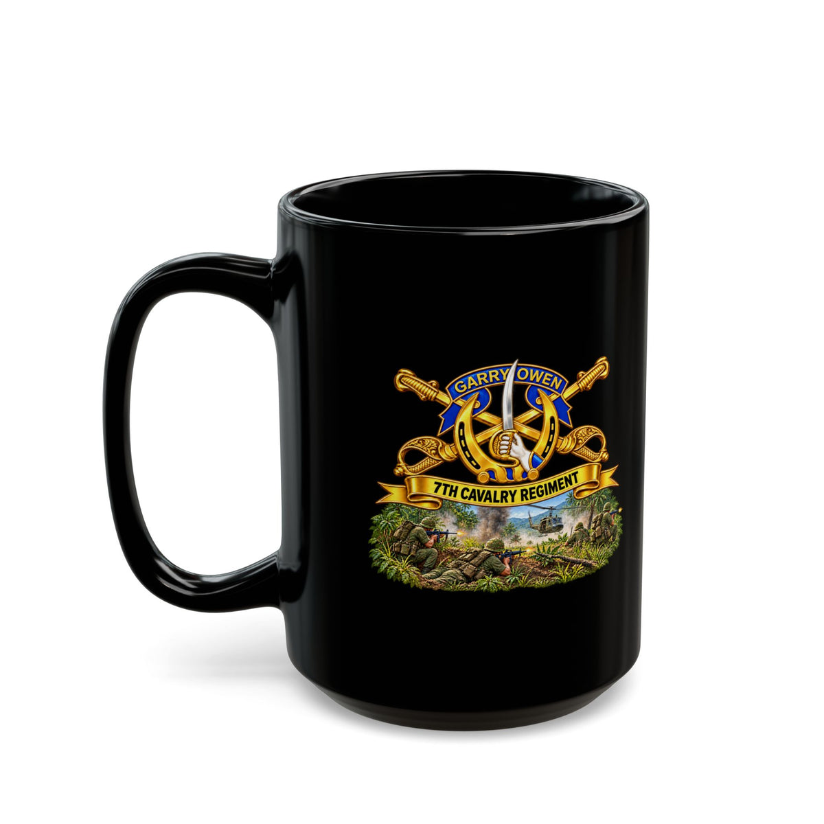 Black Mug  (15oz) - 7th Cavalry Regiment - DUI, Br, Ribbon w  Battle of Ia drang Valley Scene - Vietnam - 3D - Transparent