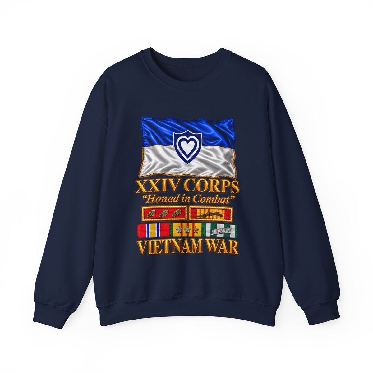 Crewneck Sweatshirt - Army - XXIV Corps Flag - Waving - Ribbons - Meritorious Awards - Vietnam War - 3D - Transparent