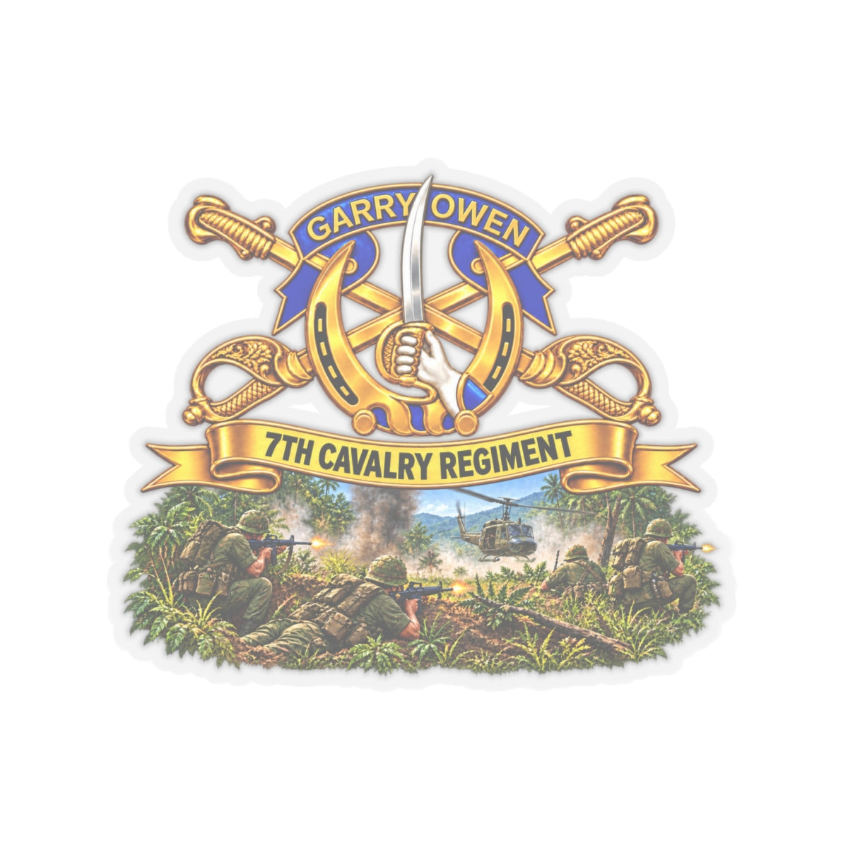 Kiss-Cut Stickers - 7th Cavalry Regiment - DUI, Br, Ribbon w  Battle of Ia drang Valley Scene - Vietnam - 3D - Transparent
