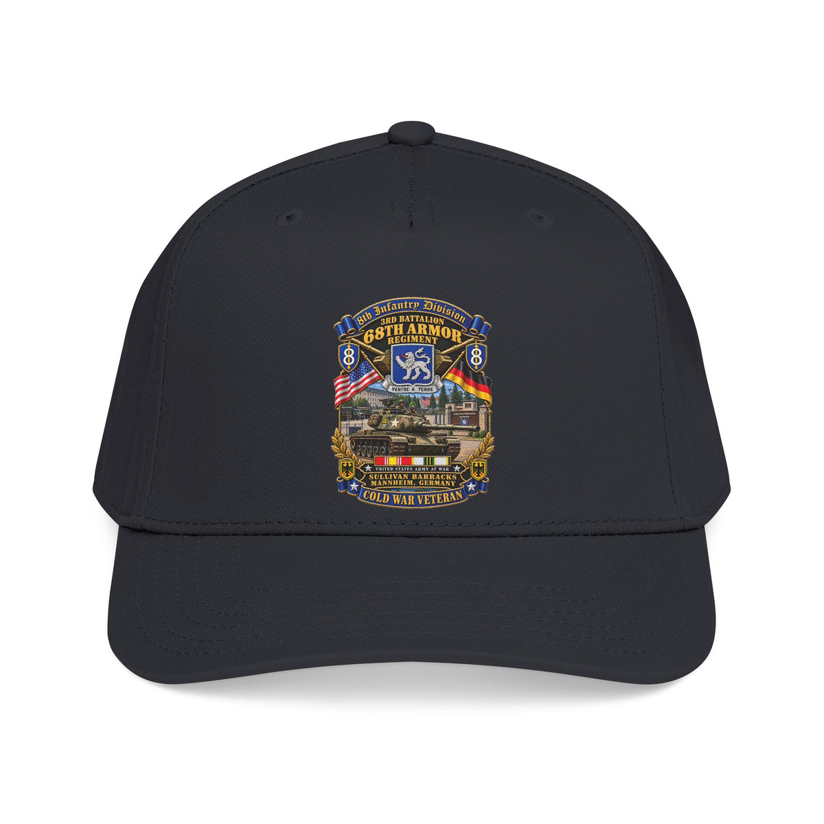 Mid Profile Baseball Cap - 8th Infantry Division Scroll - 3rd Bn 68th Armor Regiment - Sullivan Barracks, Mannheim, Germany - Cold War Vet w COLD SVC - 3D - Enhanced