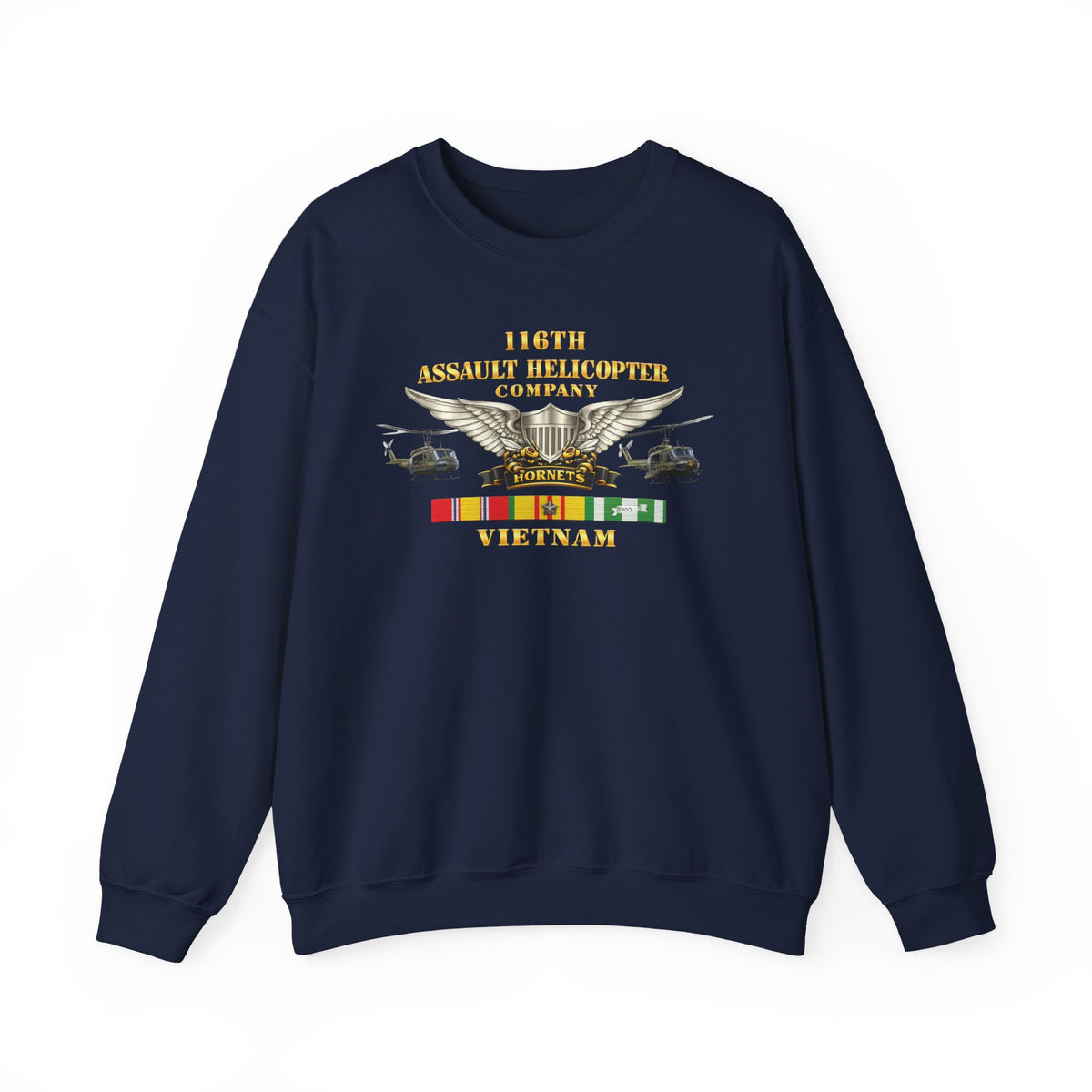 Crewneck Sweatshirt - Army - 116th Assault Helicopter Co w  Aviator Badge w VN SVC - HORNETS - Side X Side - 3D - Enhanced